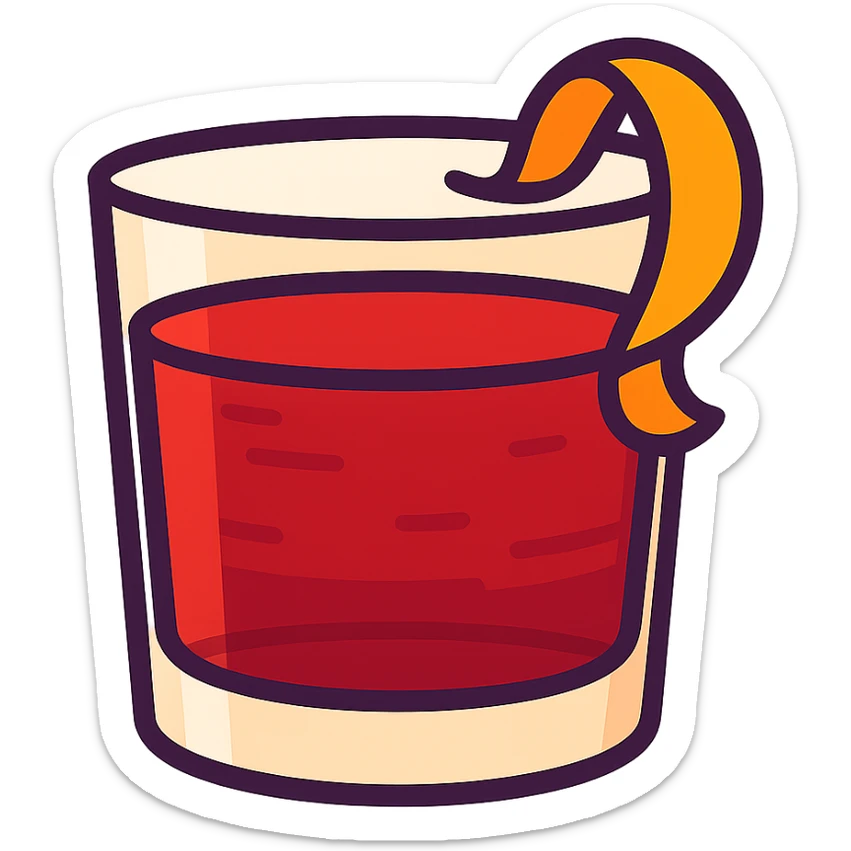 flat toon style negroni cocktail glass, vibrant colors, orange twist sticker