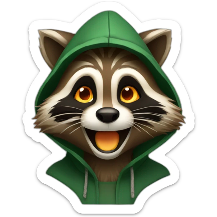 brown raccoon with orange eyes and a dark green hood that is laughing sticker