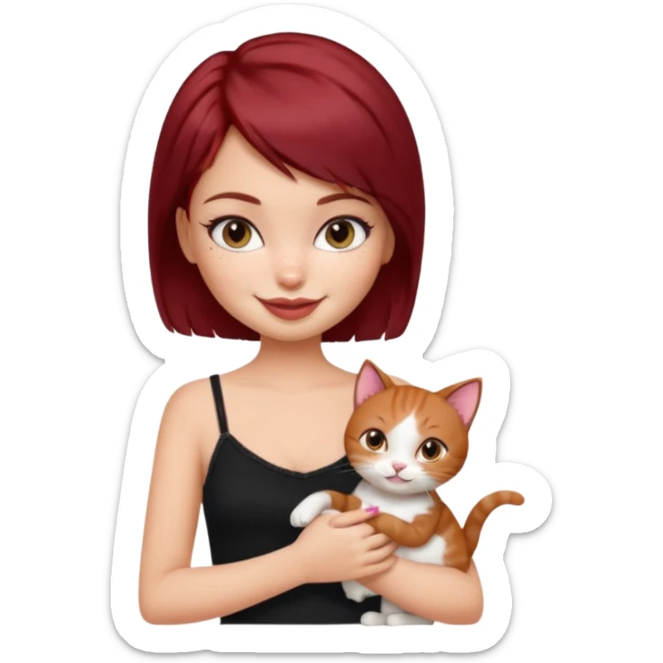 generate a pretty bratz girl with short dark red hair holding a cat smiling. Wearing a black cami sticker