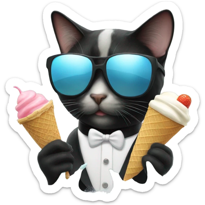 Tuxedo cat wearing sunglasses eating ice cream in the ocean sticker