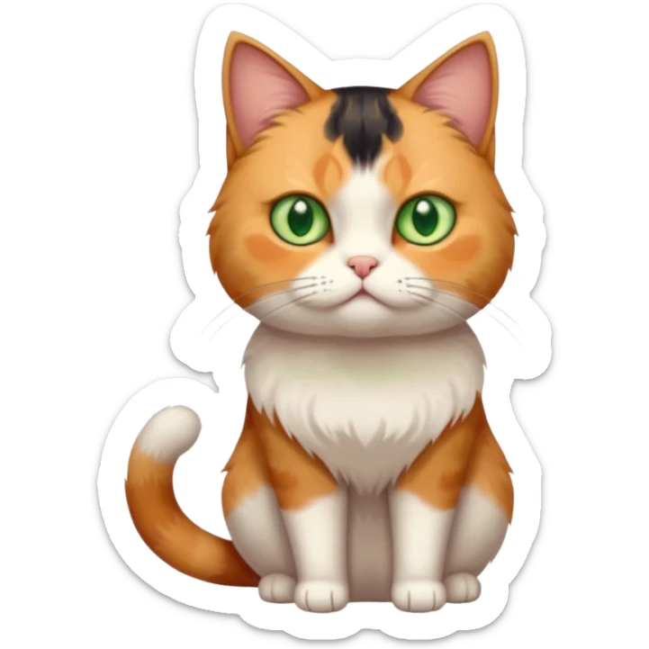 full body calico cat with skinny head and fat body with an anxious face sticker