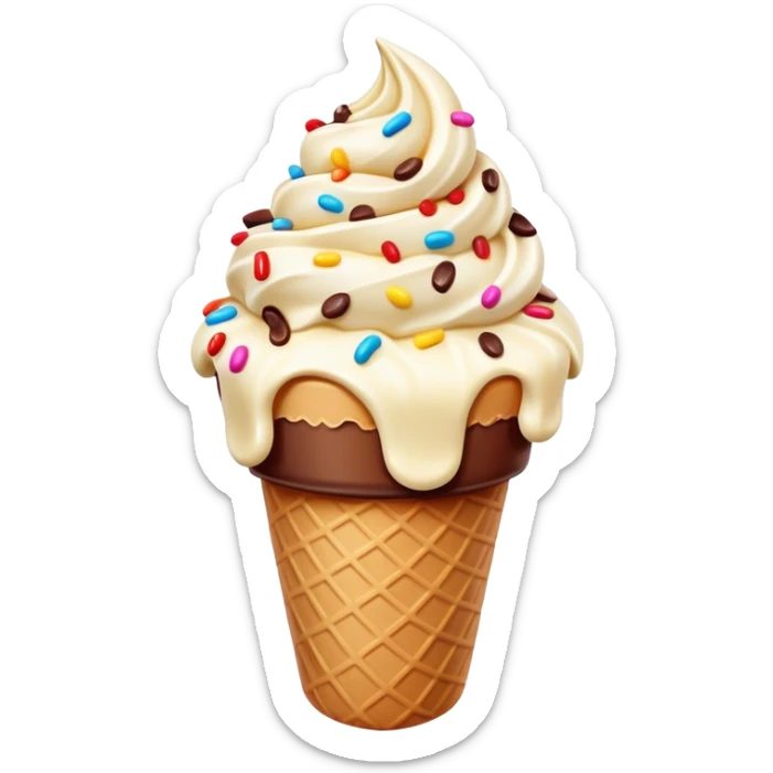 Cinematic scoop of rich, creamy ice cream, slightly melting, smooth swirls of chocolate and vanilla, colorful sprinkles on top, warm glowing background, playful and inviting. sticker