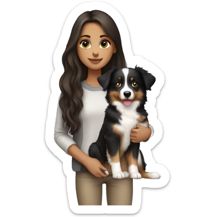 Brunette long hair light tan girl with black and white Australian shepherd puppy sticker