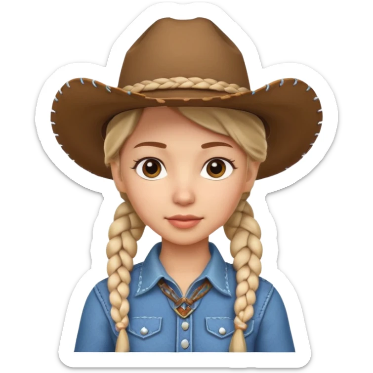 cute cowgirl portrait, head and shoulders only, cowboy hat, braided hair, western outfit collar, confident expression, 3D cartoon, mobile game icon style, clean background, no text, no watermark
 sticker