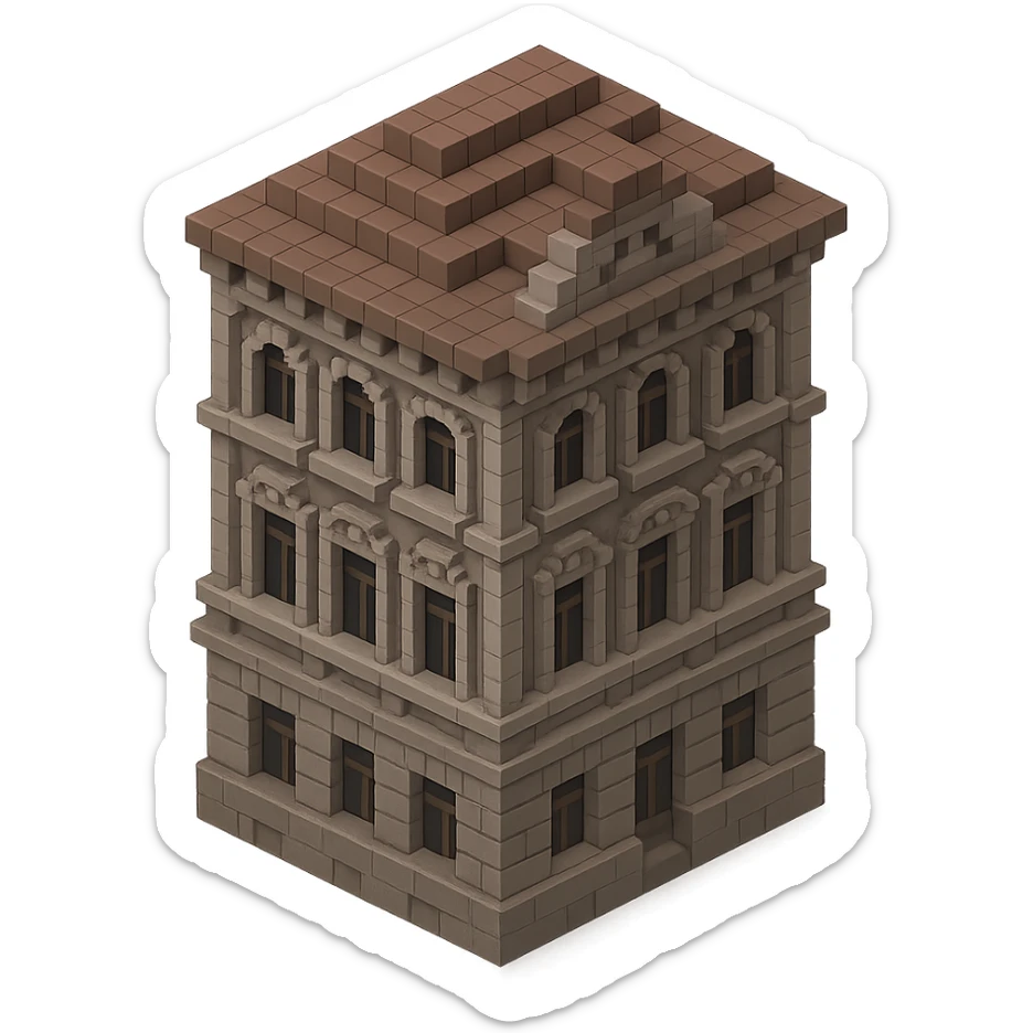 old Saint Petersburg building in voxel style, gray-brown tones, classic ornate facade, isometric view sticker