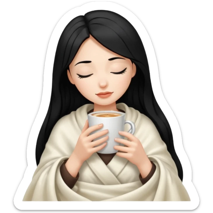 black hair girl long hair inside a white milky satin blanket sipping coffee eyes closed  sticker