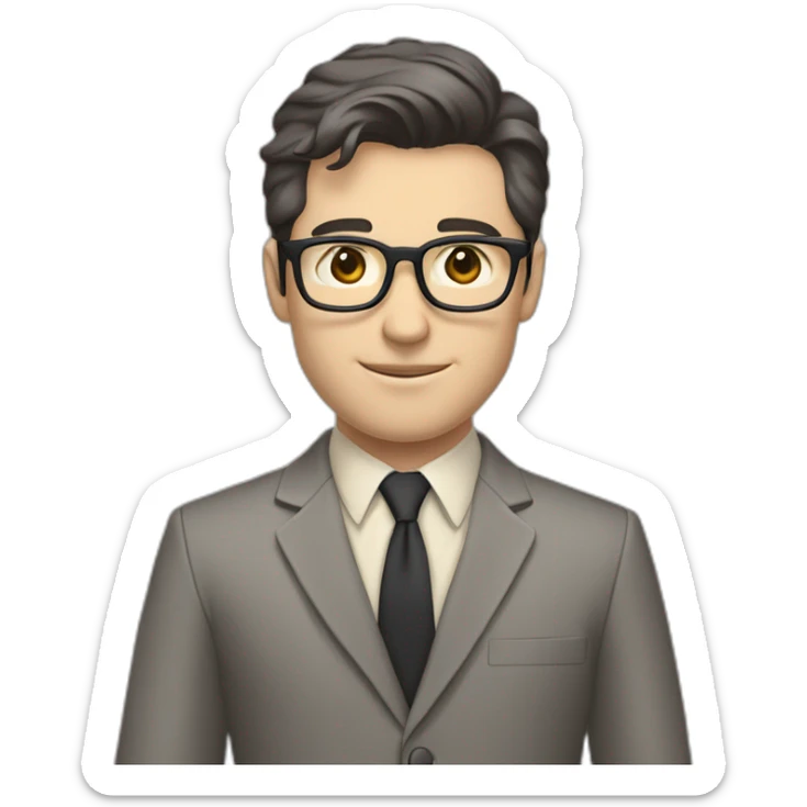 Full height Pale skinned Fit Man With dark brown hair in classic gray suit, beige office shirt, dark gray tie, and vintage glasses. His right hand is directed up sticker