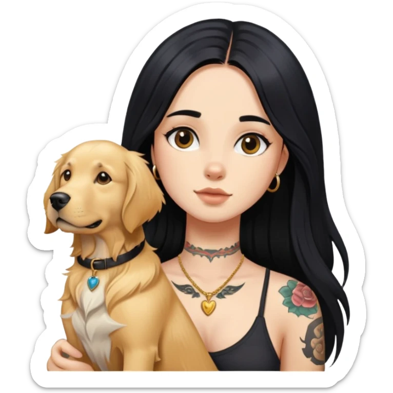 girl with long black  straight hair and chest tattoos and  a golden retriever sticker