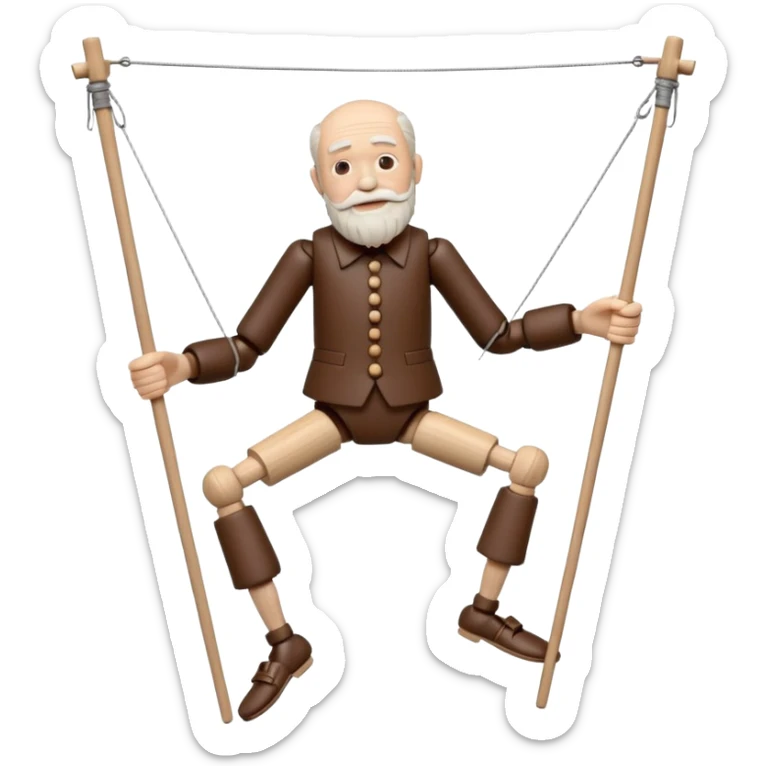 3D render of Old Man Puppet as a wooden marionette puppet, Carved wood beard, silver metal screw joints at elbows and knees, polished brown wood texture, rigid toy pose, emoji style, isolated on white background --v 6.0. sticker