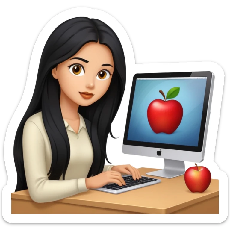 Chica linda con cabello largo negro ojos cafés piel trigueña en una computadora Apple  sticker