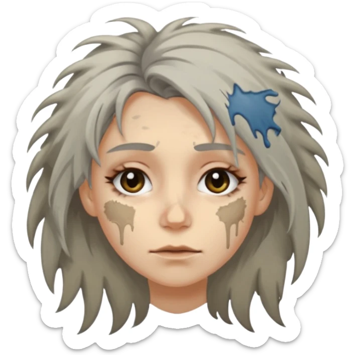 very dirty looking homeless woman very very dirty and smelly looking face only, not old with grey smudges everywhere and messy hair and lots of stains on face ugly,  sticker