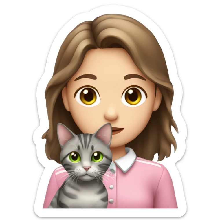 Girl with green eyes and brown hair holding her grey stripy cat that is wearing a pink collar sticker