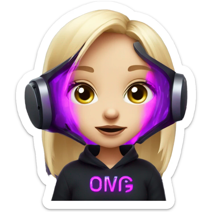 Russian cute blond girl wearing black hoody with violet letters "OMG", in vr headset. Cyberpunk style. Violet neon. sticker