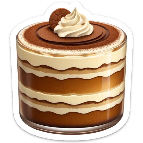 Cinematic Realistic Tiramisu Dessert Emoji, featuring layers of coffee‚Äêsoaked ladyfingers and mascarpone cream dusted with cocoa rendered with delicate textures and warm, inviting lighting. sticker