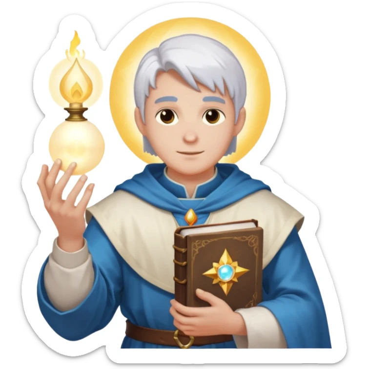 dnd cleric holding a holy book in one hand and having a ball of light in the other sticker