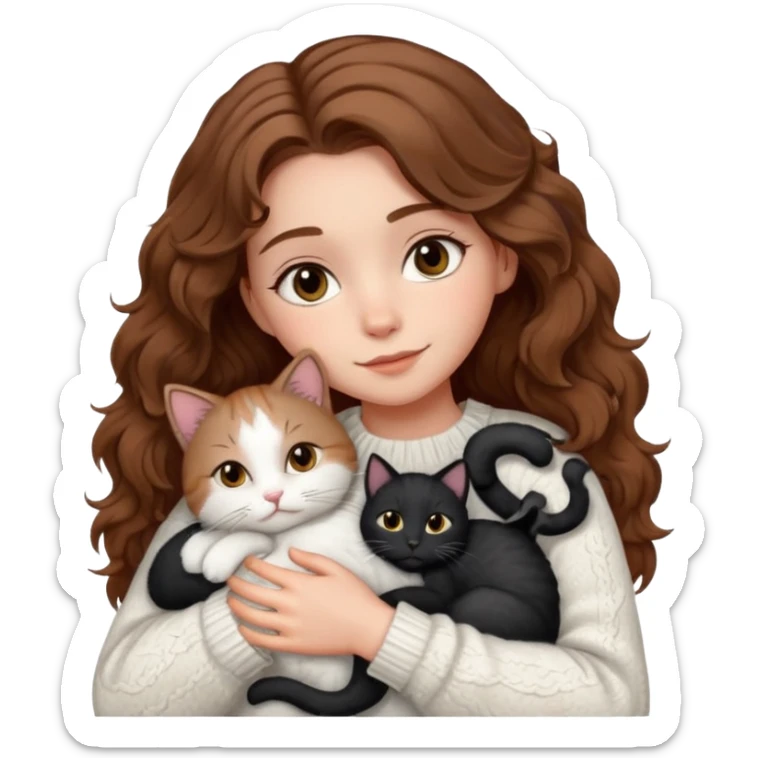 A pretty white girl with hazel brown eyes and brown wavy hair in a cosy white knit sweater, hugging a black and white cat sticker