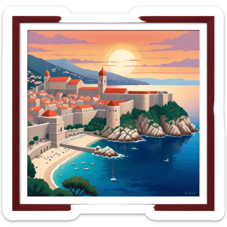 Cinematic Realistic aerial view of the historic city of Dubrovnik, showcasing its iconic red-roofed architecture, fortified walls, and sparkling Adriatic coastline, rendered with rich textures and warm Mediterranean lighting that captures its old-world charm. sticker