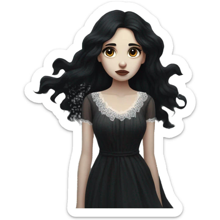 Dramatic girl  very pale with dark lighting  with black hair  in river with very very long lace dress  black long hair flying in the wind sad face  white eyes sticker