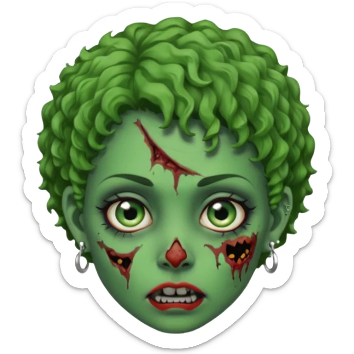 faça uma cabeça verde de zumbi femenina, com im cabelo curtinho cacheado, piercing no nariz, e brincos na orelha e várias cicatrizes sticker
