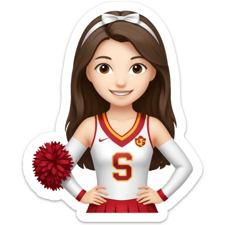 skinny white happy long haired brunette girl in a white USC cheerleader outfit sticker