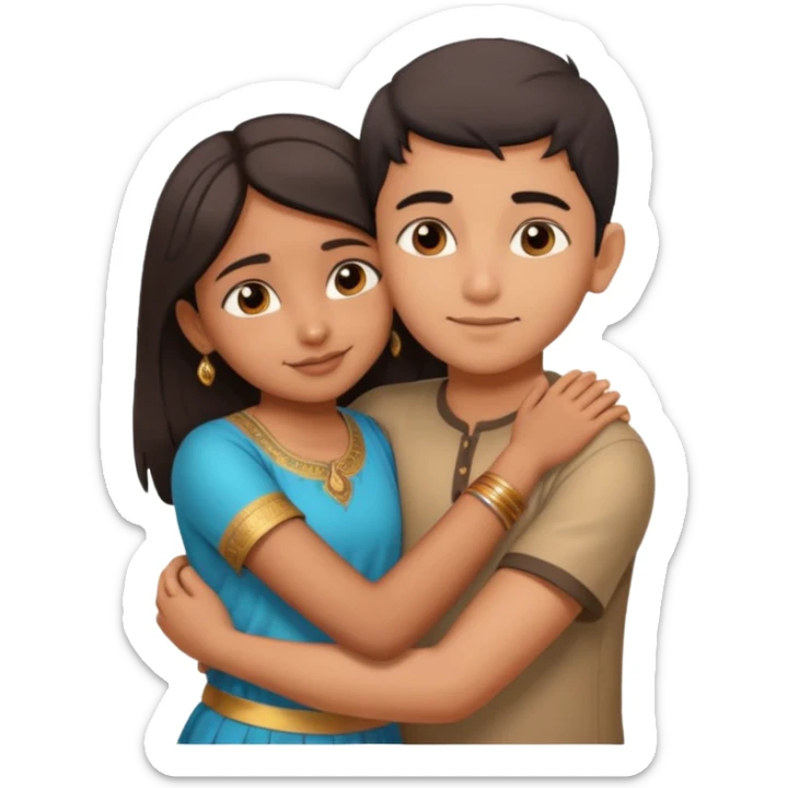 indian boy hugging indian girl from behind... boys hand down near navel of girl... boys head on the shoulder of girl sticker