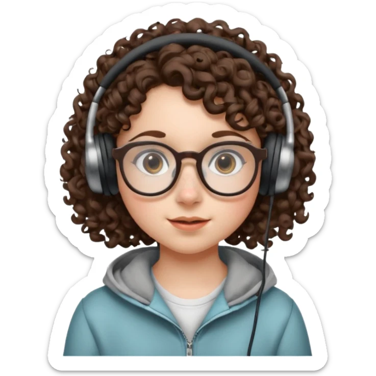 brunette kid with unique face features and very curly hair kid girl neutral and big glasess and big nose and dark eyes with freckles kind of nerd looking and headphone wearing sticker