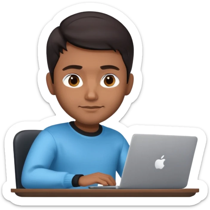memoji of a man, apple-style, modern, dark hair, black sweater, Indian brown skin, sitting at a desk with a laptop, light blue gradient background sticker