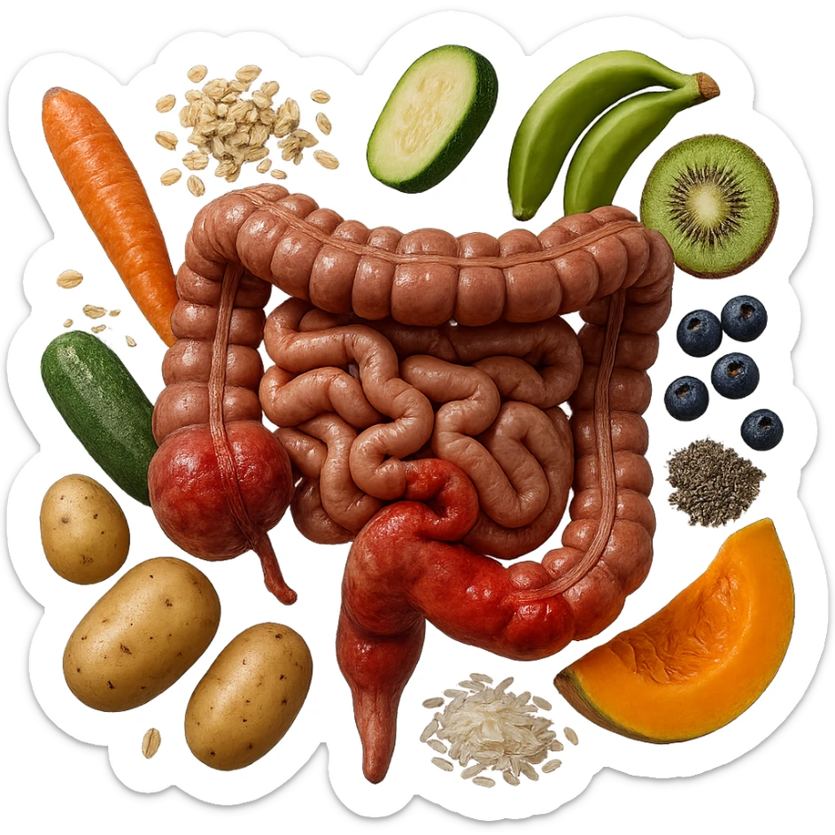 intestino umano anatomico infiammato con carota, fiocchi di avena, zucchine, kiwi, mirtilli, semi di chia, patate, banane acerbe, zucca, riso che gli fluttuano dietro, iperrealistico 4k sticker