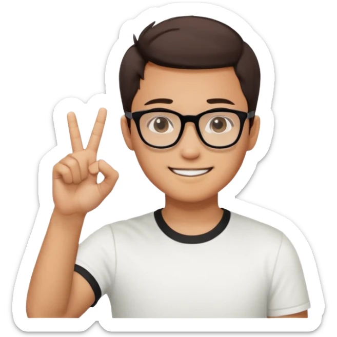 young Asian man with cool brown short hair, wearing black framed glasses, a white top, making an OK gesture with his right hand, and smiling confidently sticker