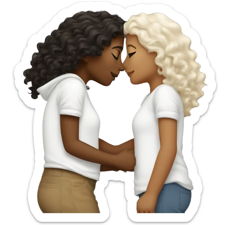 2 lesbians kissing, one white with brown hair one black white brown curly hair sticker