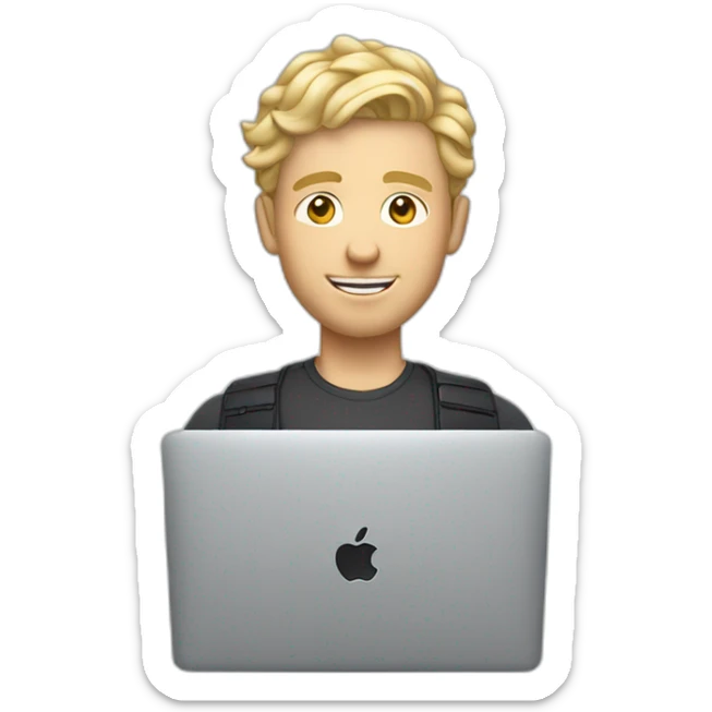 blonde male with macbook, slightly curly hair and light facial hair and undercut haircut sticker