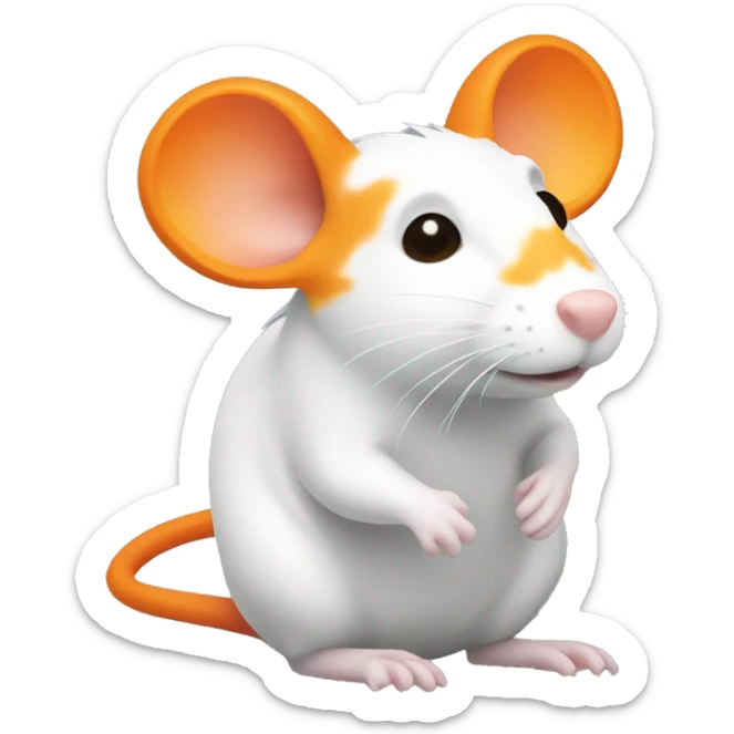 an orange rat with a white mark on its fur. the white mark should be in the shape of a flame, but there's no flame involved in the photo itself, just the shape of the fur sticker