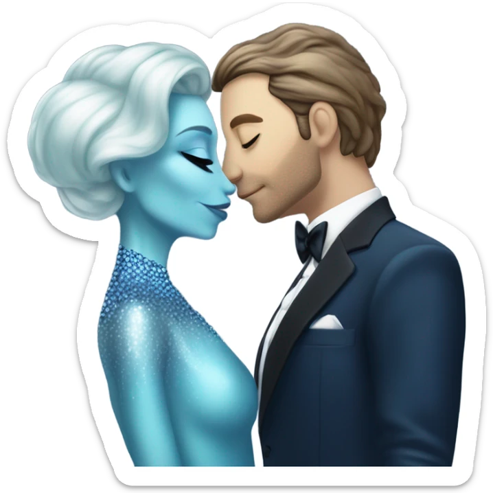 reptilian alien woman, in long slim pastel blue formal party satin dress with gradient shiny sparkling navy blue diamonds embroidered , and caucasian man in black dress kissing sticker
