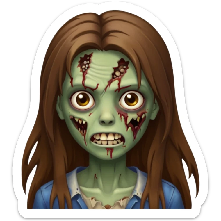 Girl zombie with brown long hair with teeth and serious face IOS style sticker