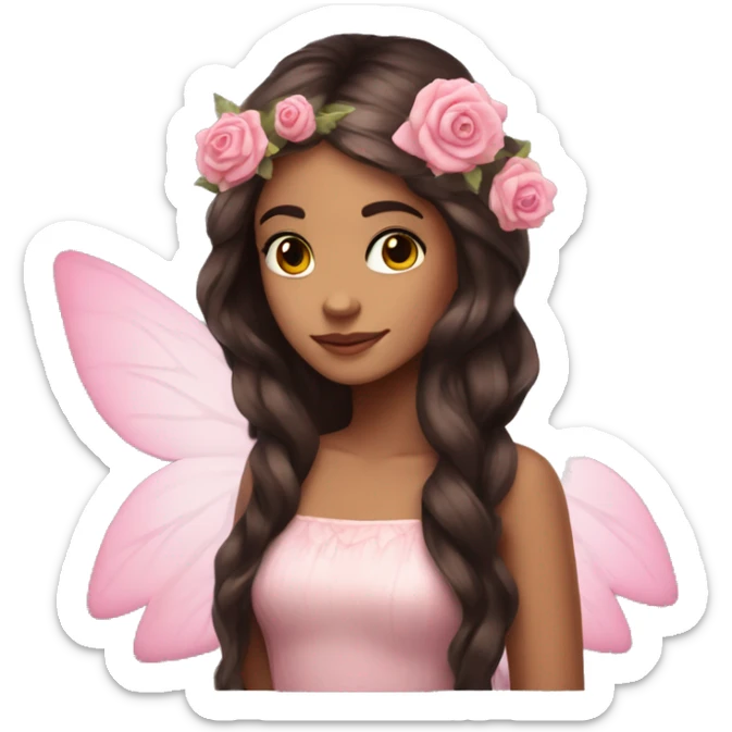 Beautiful, rose, fairy, pink, flowers in hair, long dark brown hair, big wings, fair skin sticker