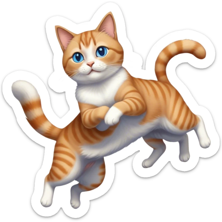 Athletic brown gray orange tabby cat leaping in the air over a blue eyed Siamese chubby cat sticker