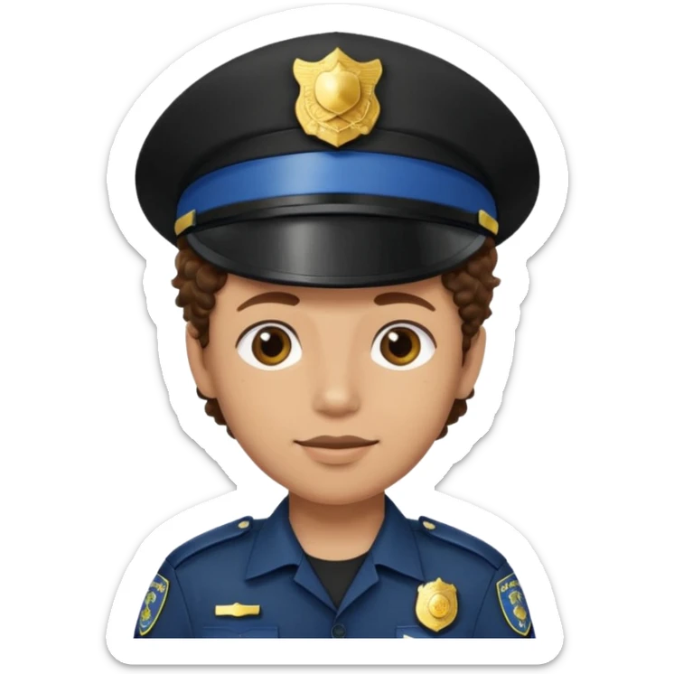 a cartoon-style avatar of a police officer with curly brown hair, wearing a black cap sticker