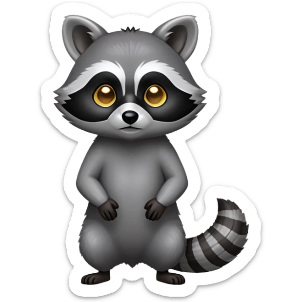 Cinematic-Raccoon-Realistic-Full-Body-Standing on all fours-Emoji – Tail flicking lazily, head tilted dramatically, thick grey fur with a signature black mask, sharp and alert ears, simplified yet realistic focused features, highly detailed, glowing with an almost sarcastic glow. sticker