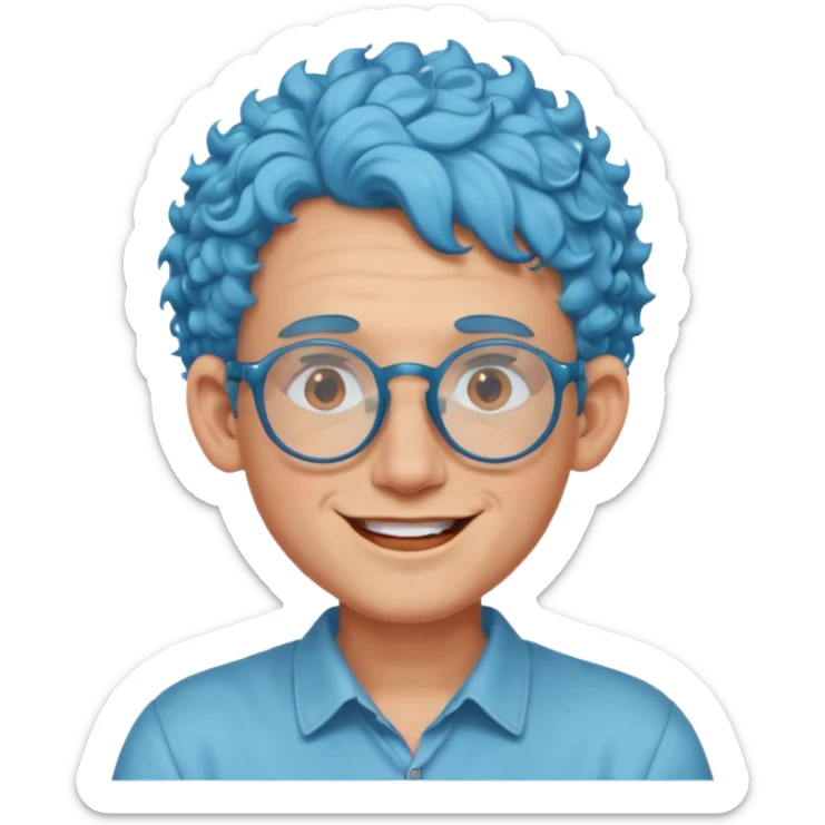 light blue haired man curly hair with big ears and red earrings and spectacles happy sticker
