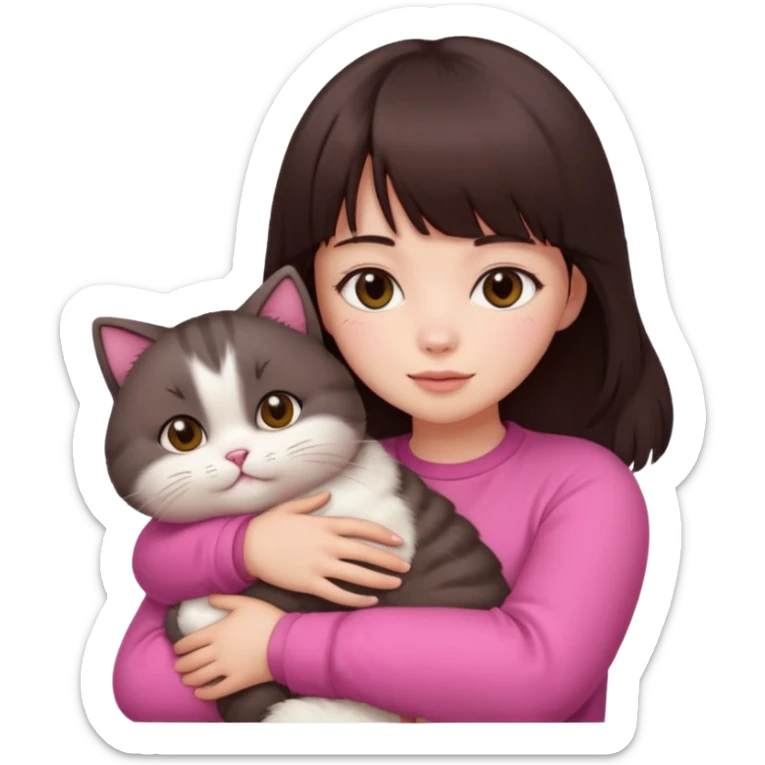 beautiful woman with dark brown straight hair and bangs, brown eyes wear a pink clothes, and white skin hugs a cute chubby cat sticker