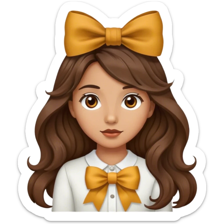 girl with olive skin, brown eyes and brown long wavy hair, an a bow sticker