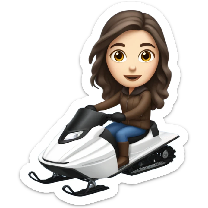 White girl with dark brown hair and blue eyes riding a snow mobile sticker