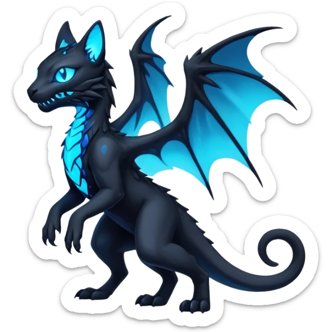 Black Dark Nocturnal Neon-glowing Abyssal Nightly Abyss-Cat-Salandit-Gryphon-Fakémon Creature (full body) sticker