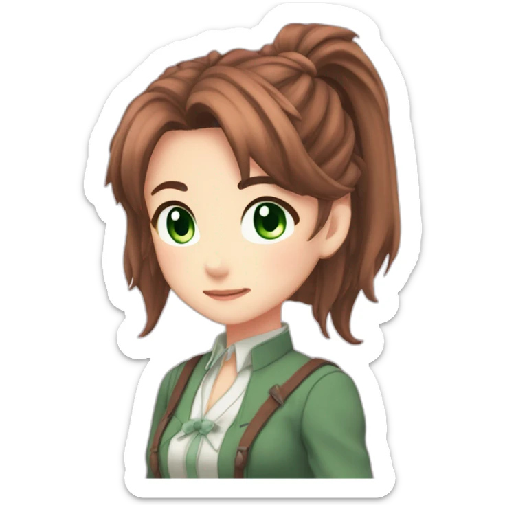 Monika from Doki Doki Literature Club, long corral-brown hair, green eyes, ponytail hair sticker