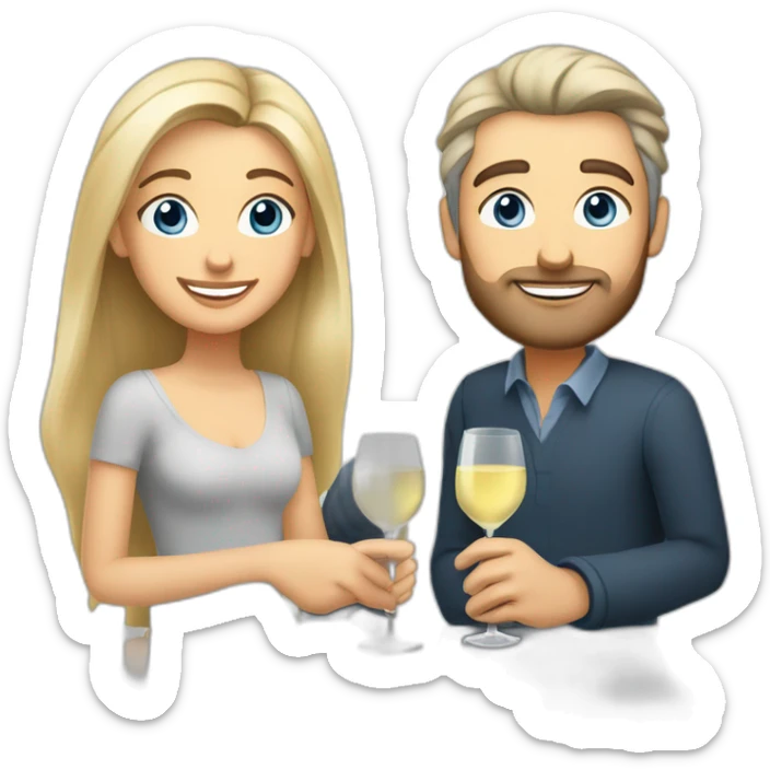caucasian woman with brown eyes and blond medium long hair and a caucasian man with blue eyes and grey hair, toasting with a glass of white wine sticker