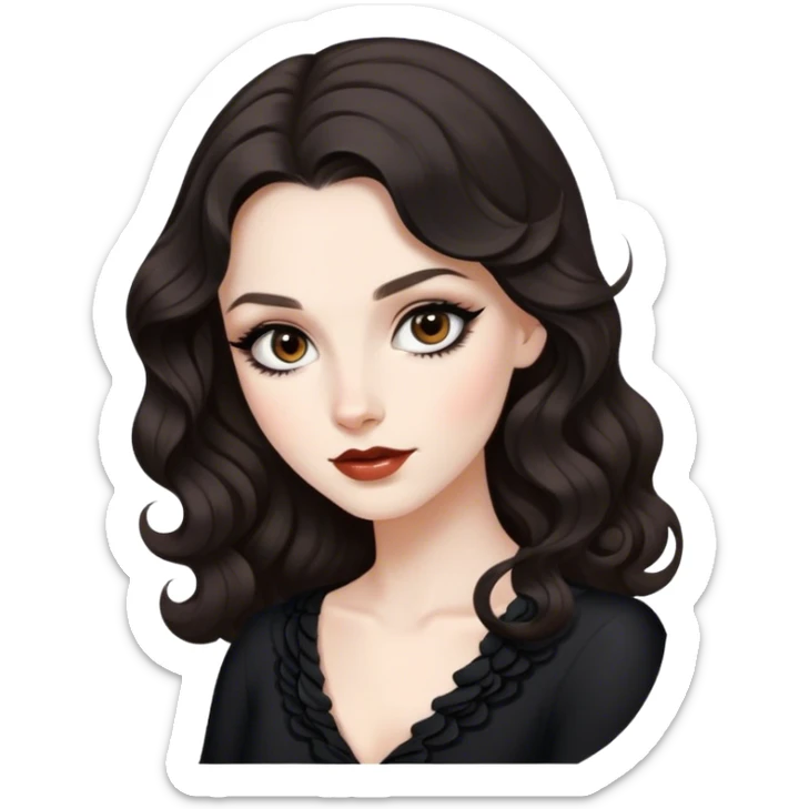 Beautiful girl,Black/dark brown hair, old Hollywood wavy hair, long hair, brown eyes, pale, winged eyeliner sticker