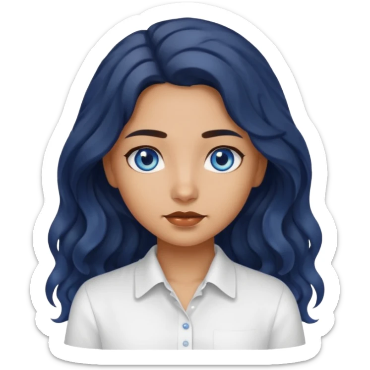 Girl with olive skin, blue eyes and dark very wavy long hair white shirt sticker