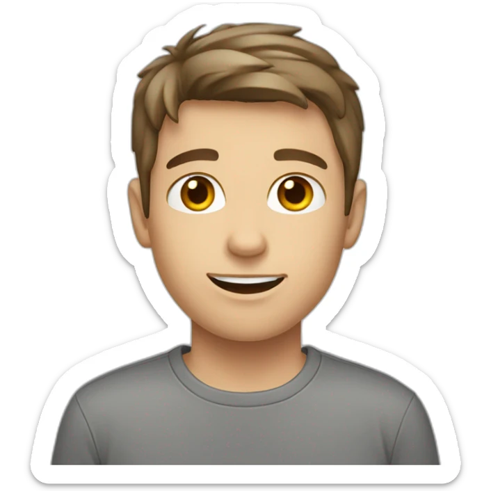 young white male with brown hair and brown eyes, wearing grey T-shirt sticker