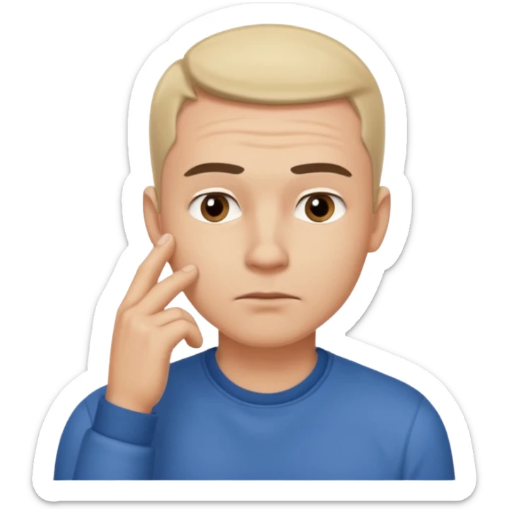 A clean-shaven man in casual clothing thinking critically, touching his chin with one hand, eyebrows slightly furrowed, focused and analytical expression. Neutral background, soft lighting, realistic emoji style. sticker