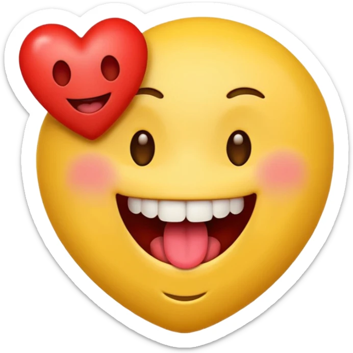 yellow emoji face holding a heart and hes so happy with so happy with teeth and tongue sticker